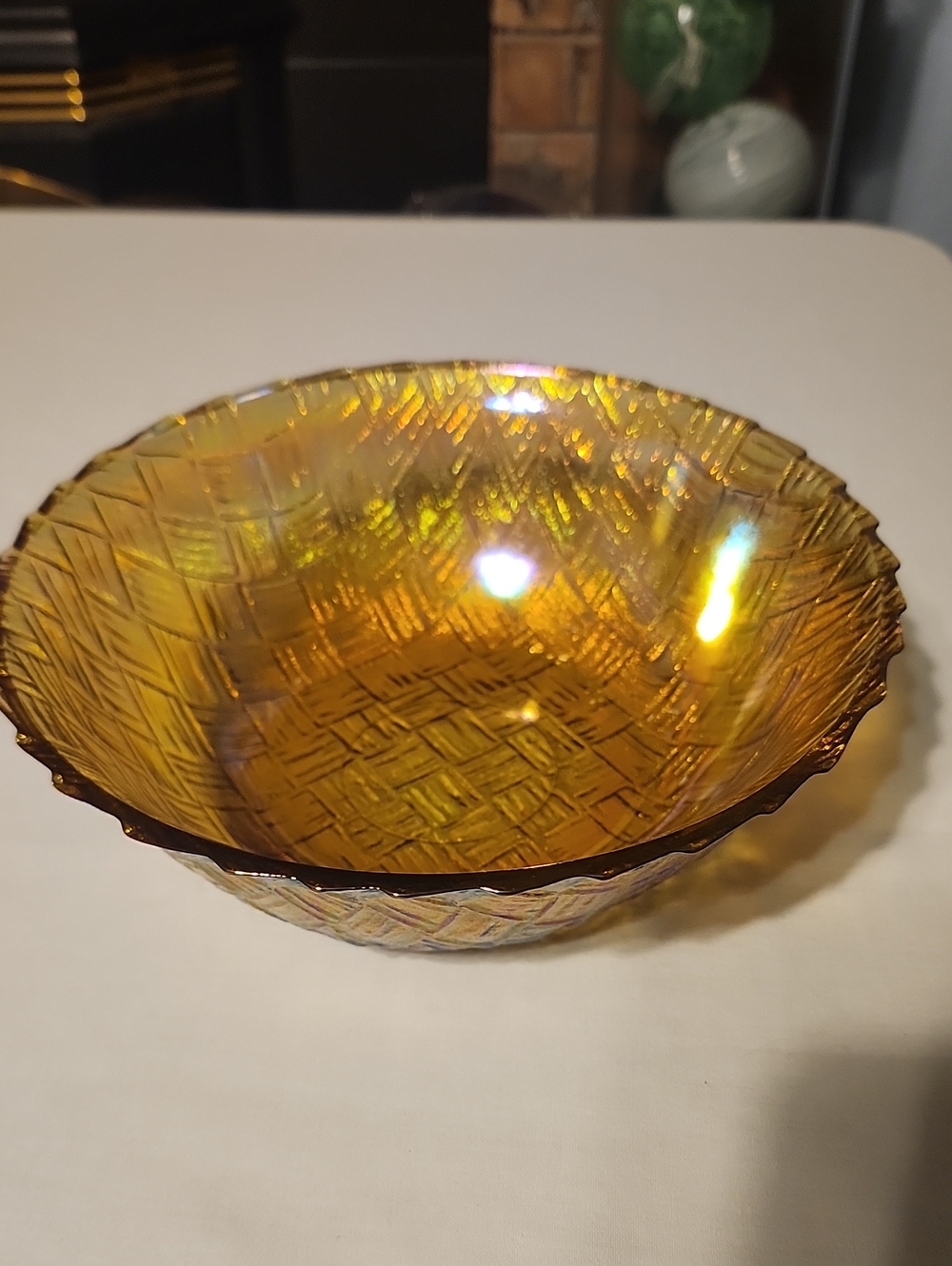 Vintage INDIANA "Weavetex" Marigold Iridesent Carnival Glass Serving Bowl 9"